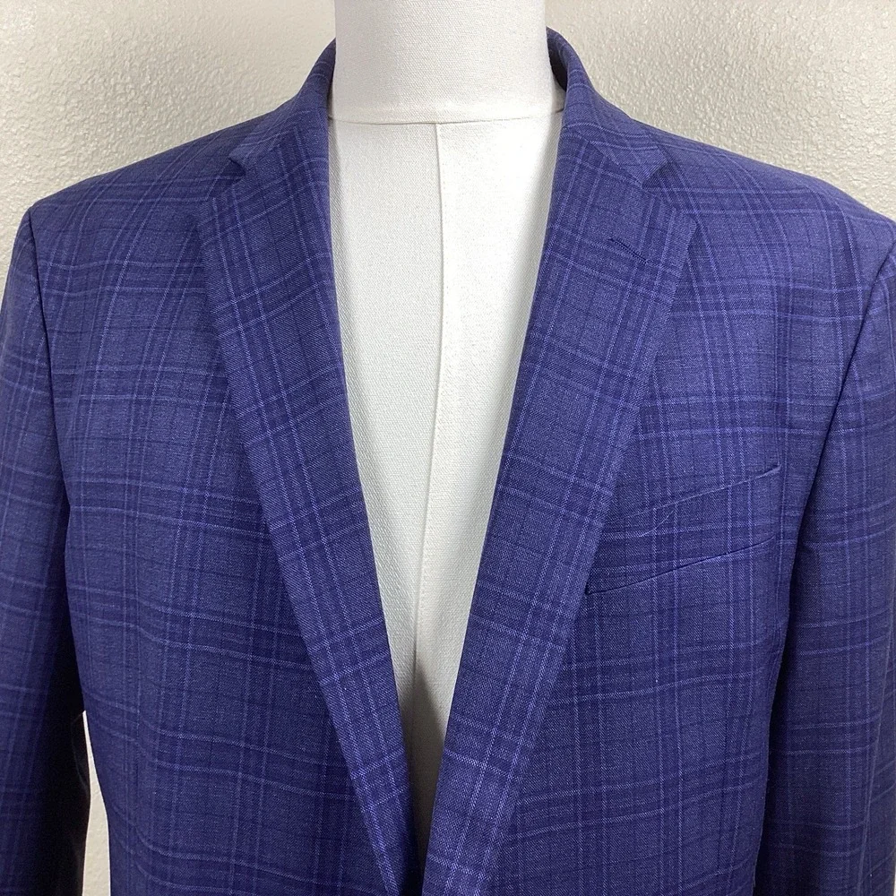 Stafford Mens Blue Plaid Sport Coat 46R Wool Blend Classic Fit Blazer Preppy